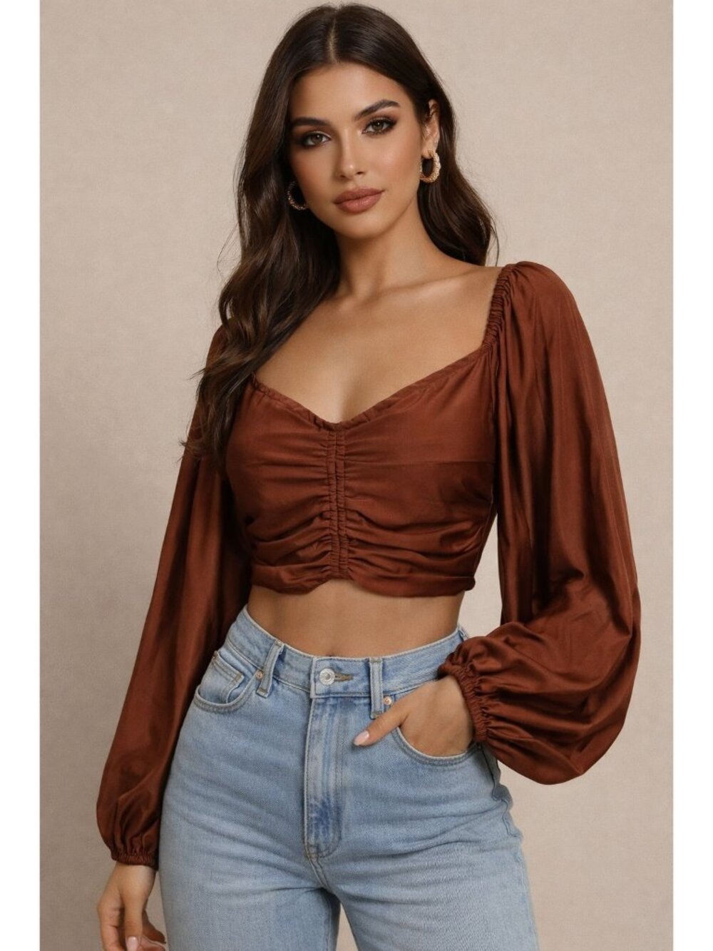 Shein Blouse Extra Size Womens Burgundy Satin Long Puffed Sleeves Ruched Front